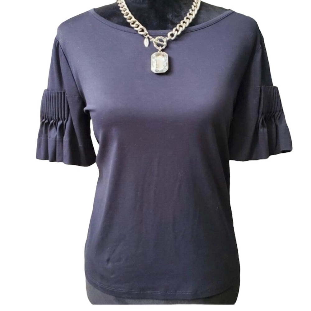Gianni Bini Navy Blue 100% Cotton Round Neck Short Sleeve Casual Blouse Size L
